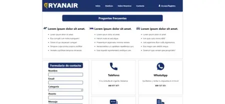 Mitad superior de la sección contacto de la web de Ryanair